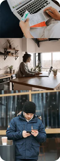Tira de tres imágenes verticales Tira vertical de tres imágenes, una de una chica comprando a través de su notebook, la segunda una persona con tickets en la mano y una notebook y la tercera un chico realizando un pago con tarjeta desde su móvil